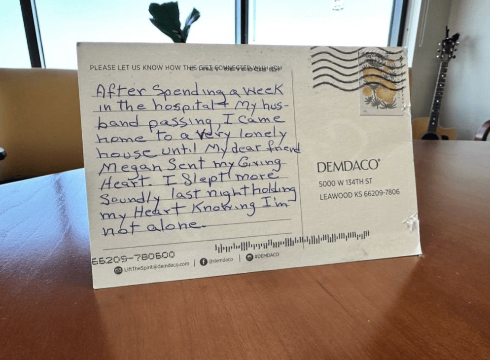 Customer testimonial postcard about finding comfort with Giving Heart after husband's passing