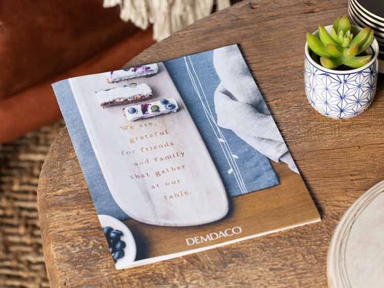 DEMDACO paper catalog lying on a wooden coffee table next to a plant