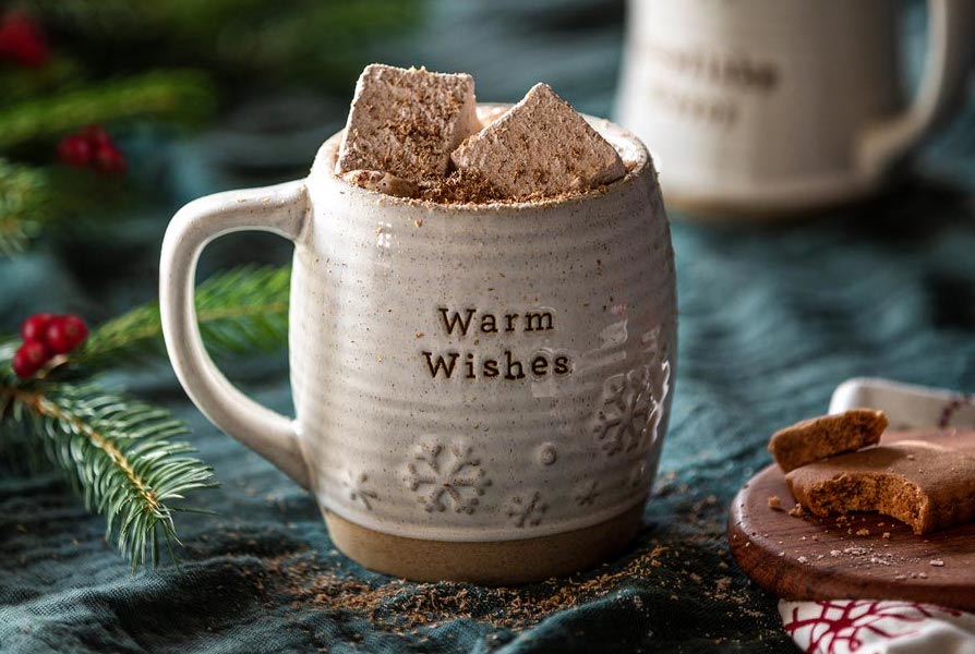 Snowflake mug with hot chocolate and marshmallows.